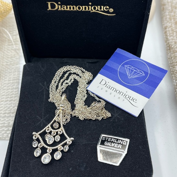 Vintage Diamonique Sterling Silver Chandelier Pendant Necklace, 16" - Picture 12 of 17